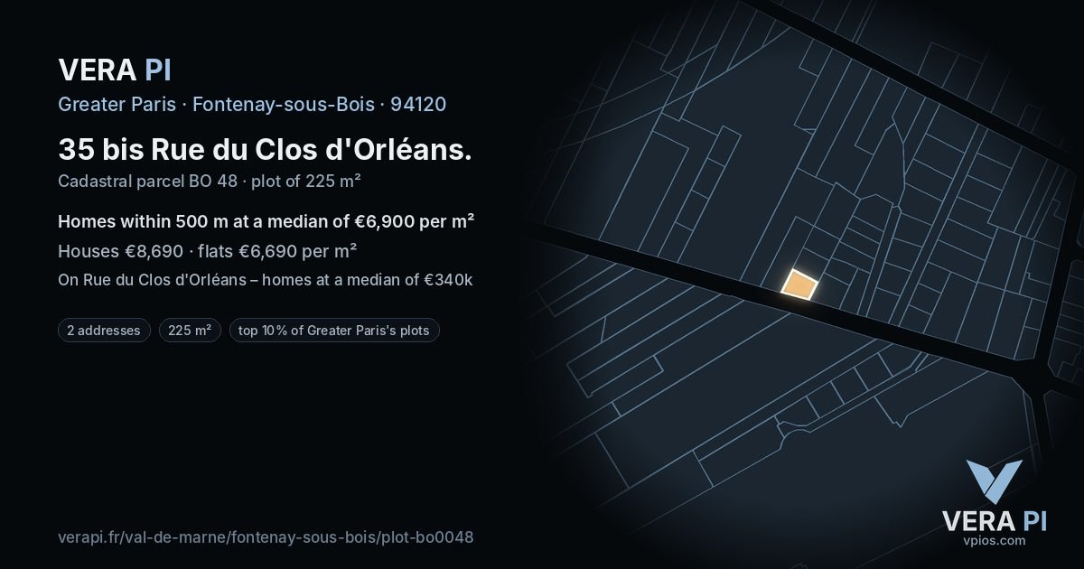 35 bis Rue du Clos d'Orléans, Fontenay-sous-Bois at night – the plot lit, the parcels around coloured by the prices near them