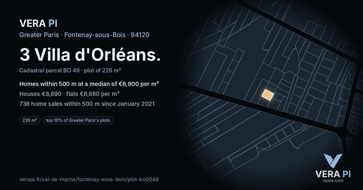 3 Villa d'Orléans, Fontenay-sous-Bois at night – the plot lit, the parcels around coloured by the prices near them
