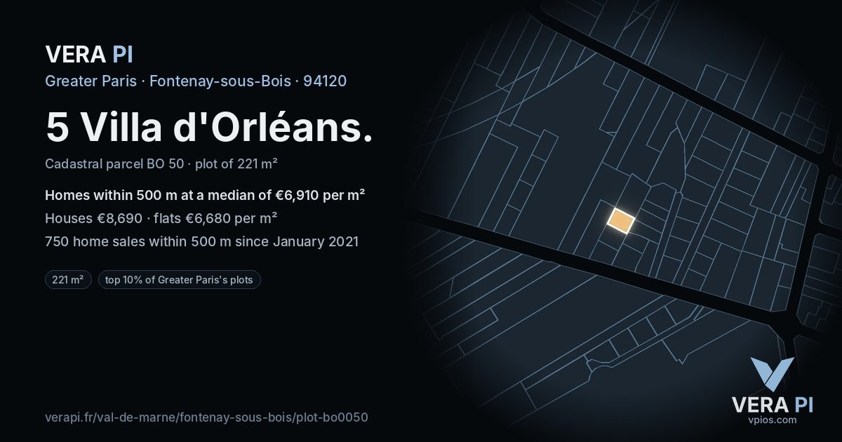 5 Villa d'Orléans, Fontenay-sous-Bois at night – the plot lit, the parcels around coloured by the prices near them