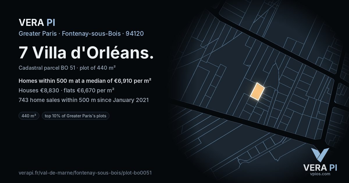 7 Villa d'Orléans, Fontenay-sous-Bois at night – the plot lit, the parcels around coloured by the prices near them