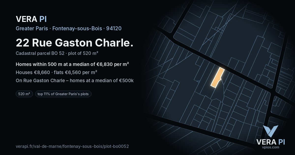 22 Rue Gaston Charle, Fontenay-sous-Bois at night – the plot lit, the parcels around coloured by the prices near them