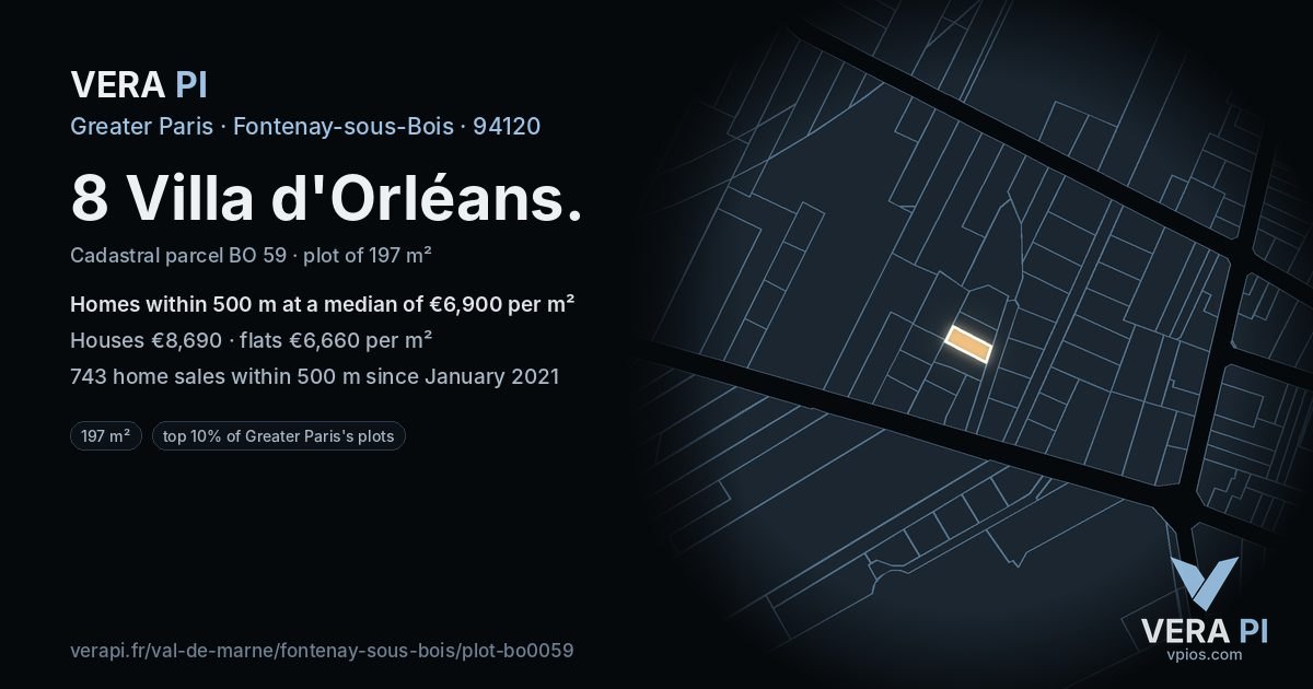 8 Villa d'Orléans, Fontenay-sous-Bois at night – the plot lit, the parcels around coloured by the prices near them