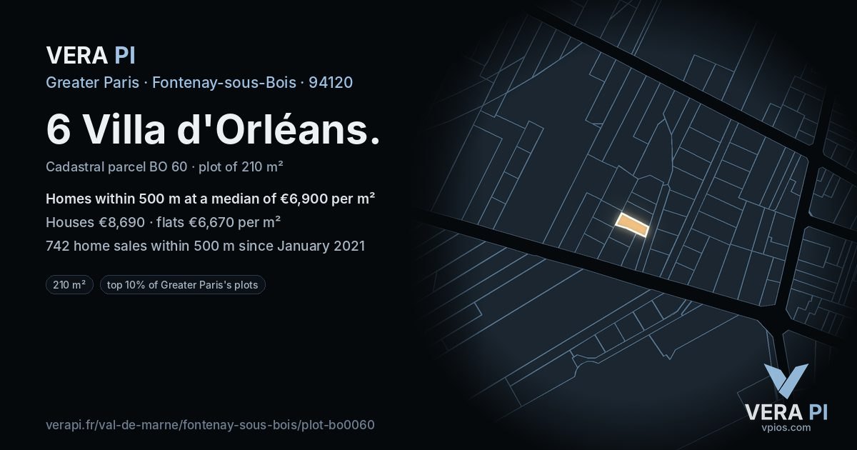 6 Villa d'Orléans, Fontenay-sous-Bois at night – the plot lit, the parcels around coloured by the prices near them