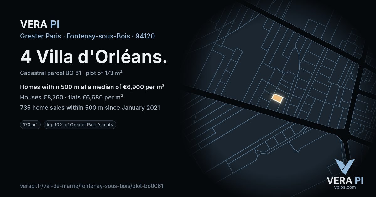 4 Villa d'Orléans, Fontenay-sous-Bois at night – the plot lit, the parcels around coloured by the prices near them