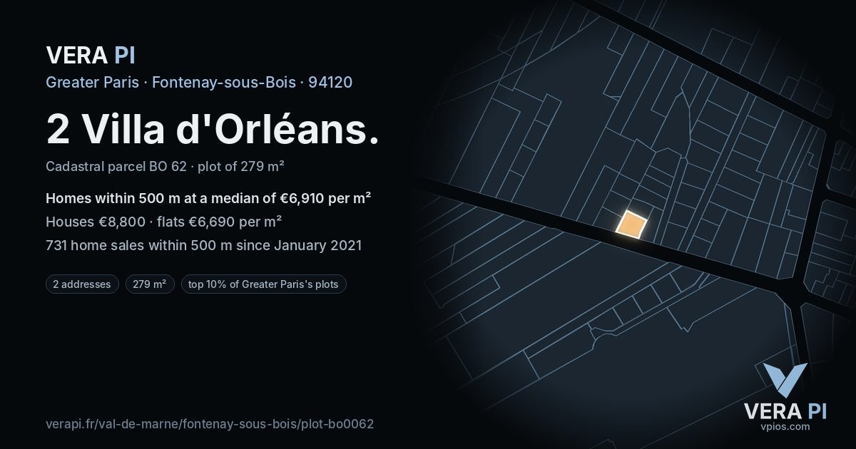 2 Villa d'Orléans, Fontenay-sous-Bois at night – the plot lit, the parcels around coloured by the prices near them