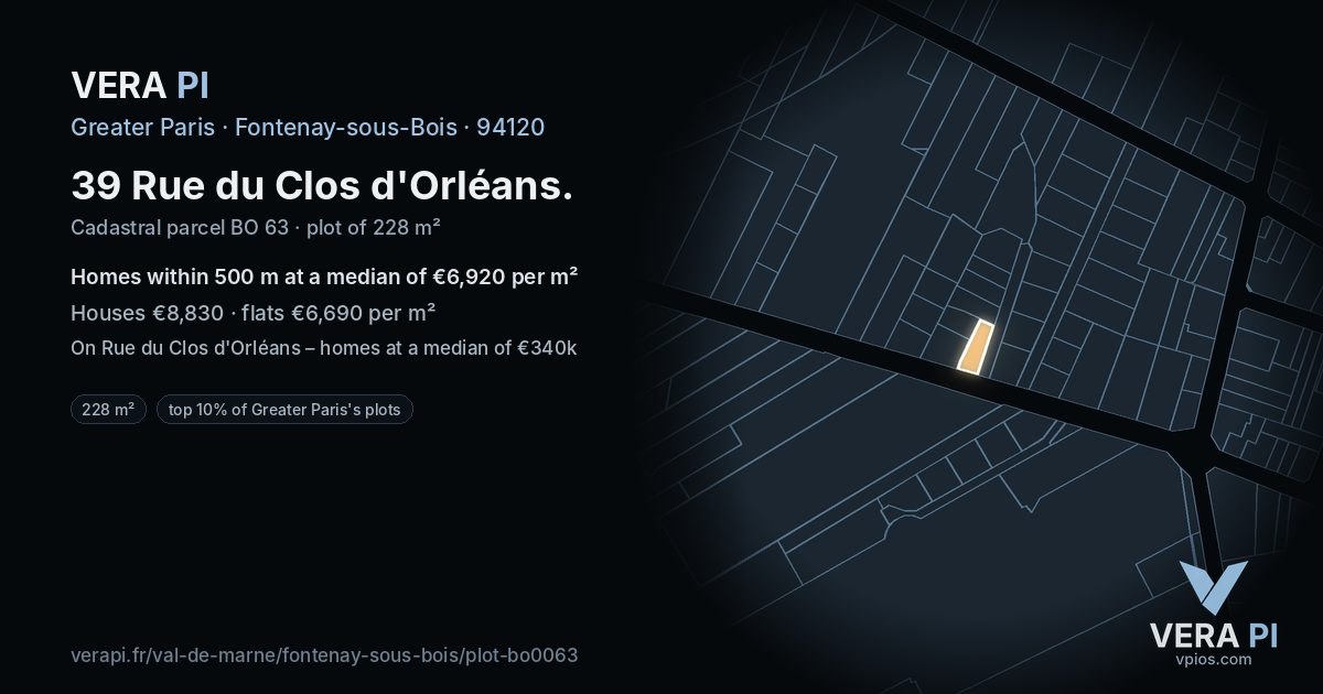 39 Rue du Clos d'Orléans, Fontenay-sous-Bois at night – the plot lit, the parcels around coloured by the prices near them