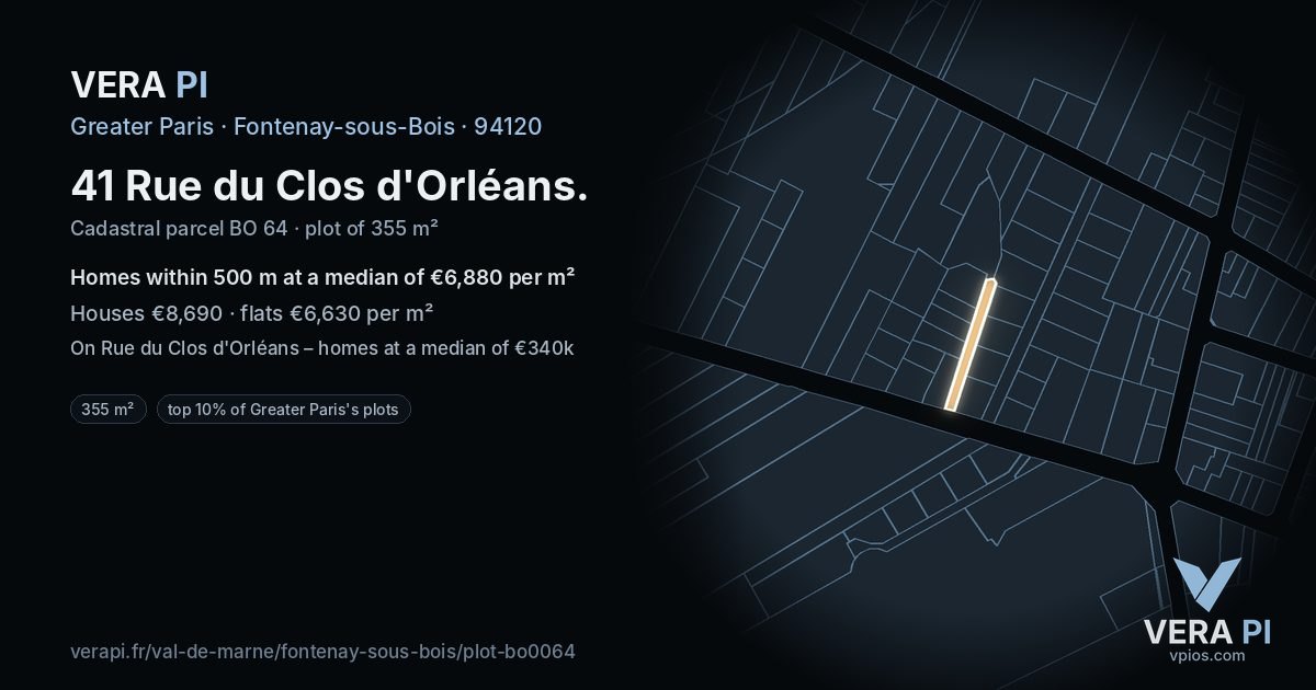 41 Rue du Clos d'Orléans, Fontenay-sous-Bois at night – the plot lit, the parcels around coloured by the prices near them