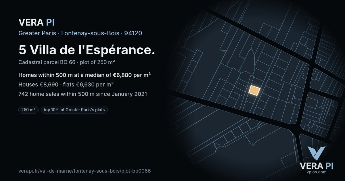 5 Villa de l'Espérance, Fontenay-sous-Bois at night – the plot lit, the parcels around coloured by the prices near them