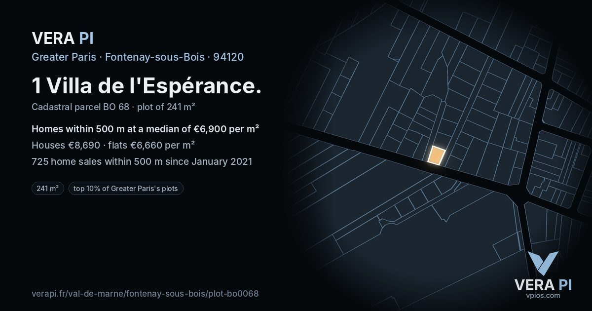 1 Villa de l'Espérance, Fontenay-sous-Bois at night – the plot lit, the parcels around coloured by the prices near them