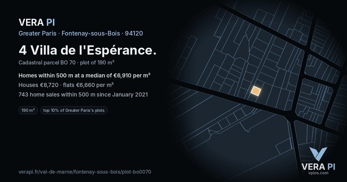 4 Villa de l'Espérance, Fontenay-sous-Bois at night – the plot lit, the parcels around coloured by the prices near them