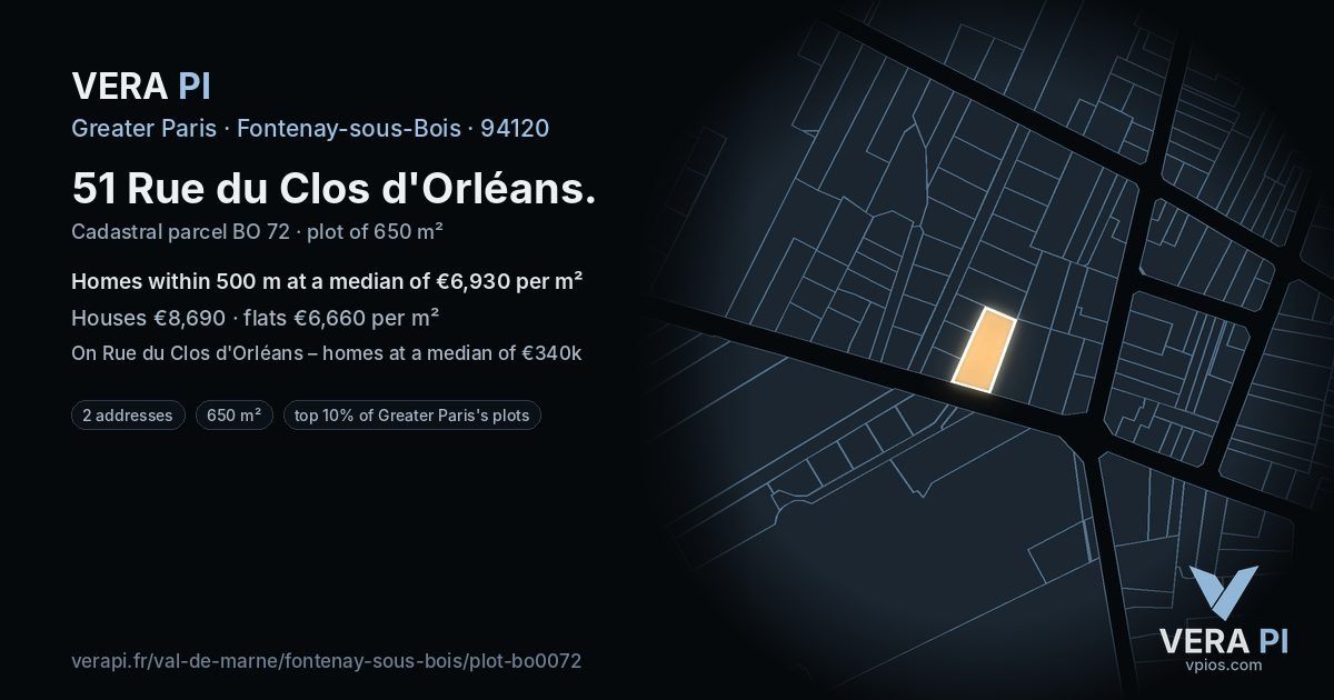 51 Rue du Clos d'Orléans, Fontenay-sous-Bois at night – the plot lit, the parcels around coloured by the prices near them