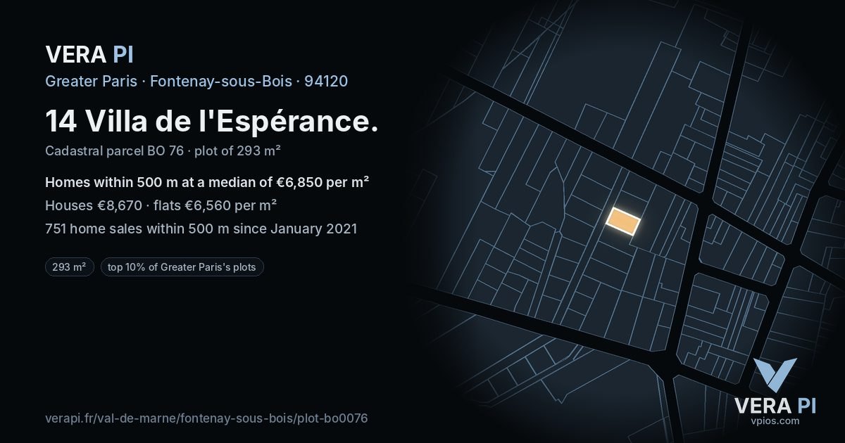 14 Villa de l'Espérance, Fontenay-sous-Bois at night – the plot lit, the parcels around coloured by the prices near them