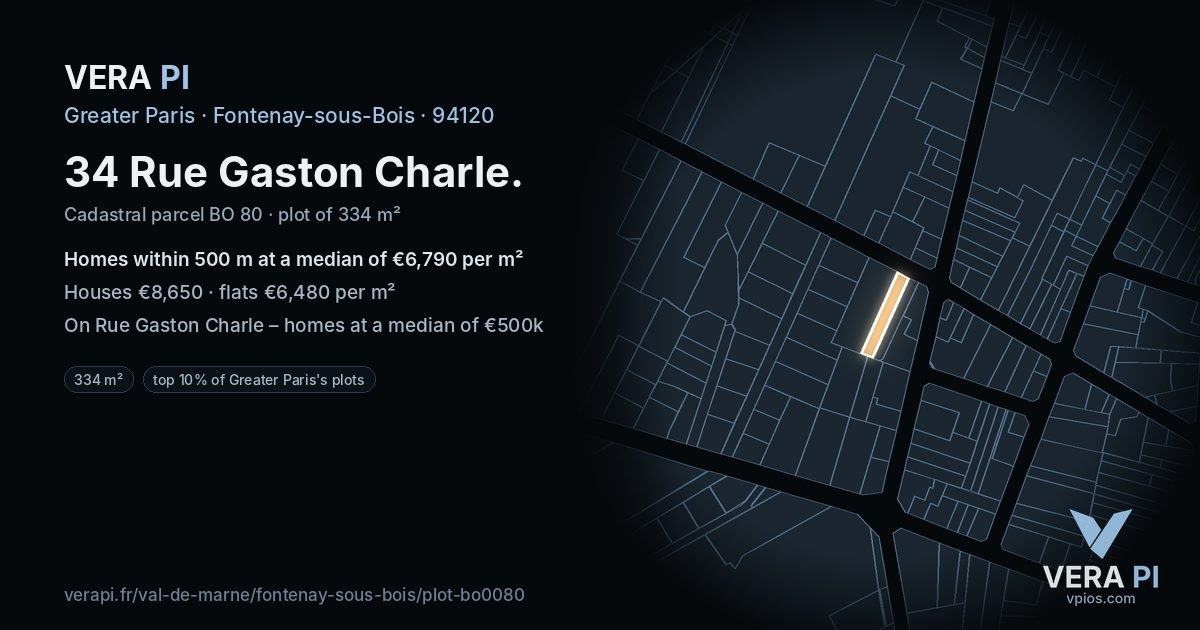34 Rue Gaston Charle, Fontenay-sous-Bois at night – the plot lit, the parcels around coloured by the prices near them