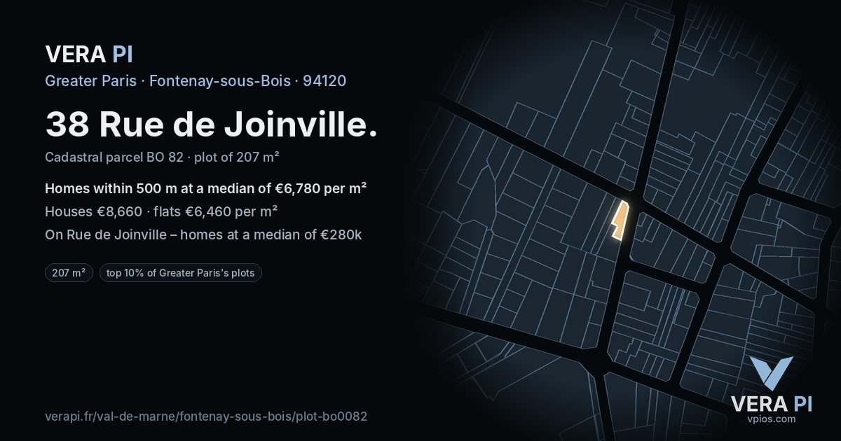 38 Rue de Joinville, Fontenay-sous-Bois at night – the plot lit, the parcels around coloured by the prices near them