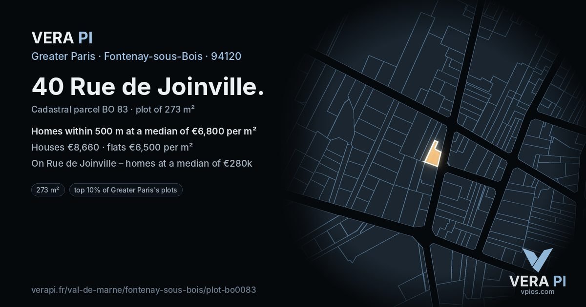 40 Rue de Joinville, Fontenay-sous-Bois at night – the plot lit, the parcels around coloured by the prices near them