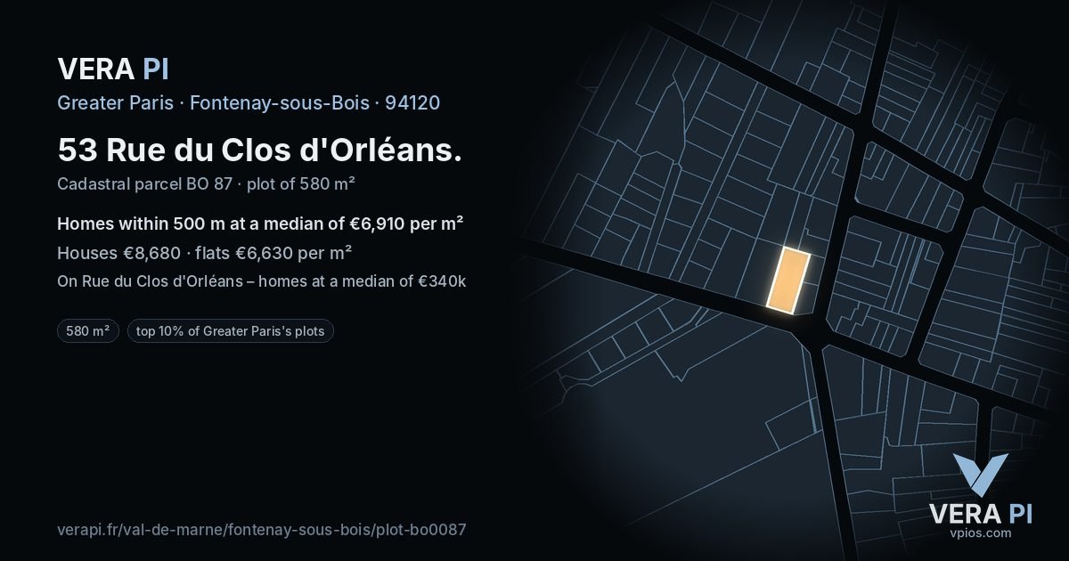 53 Rue du Clos d'Orléans, Fontenay-sous-Bois at night – the plot lit, the parcels around coloured by the prices near them