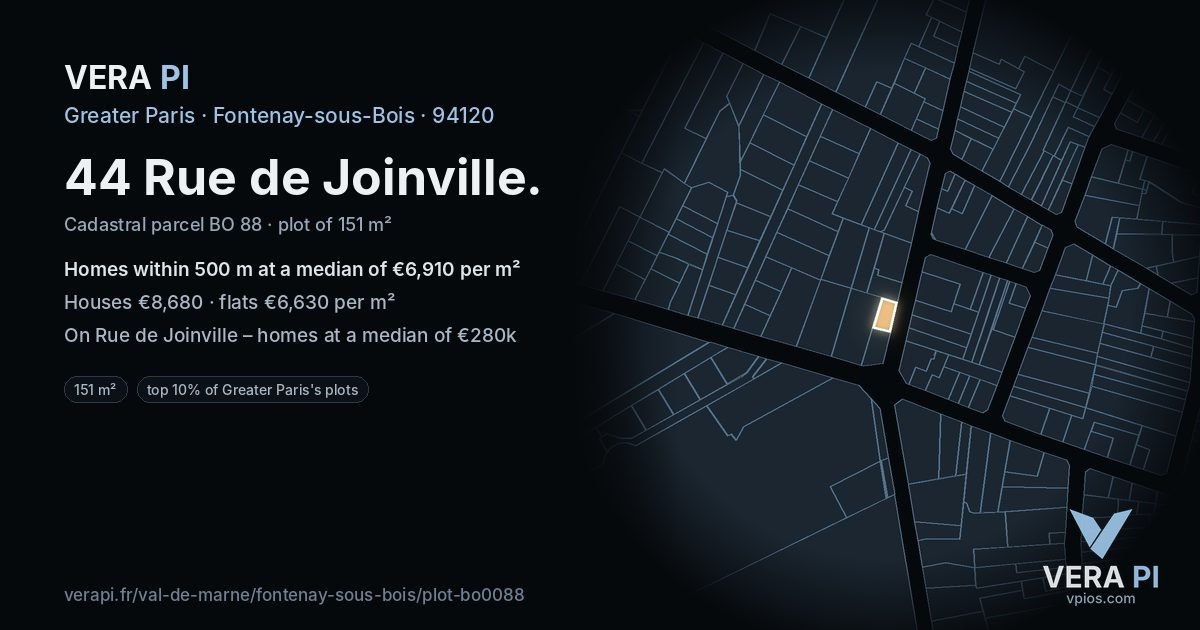 44 Rue de Joinville, Fontenay-sous-Bois at night – the plot lit, the parcels around coloured by the prices near them