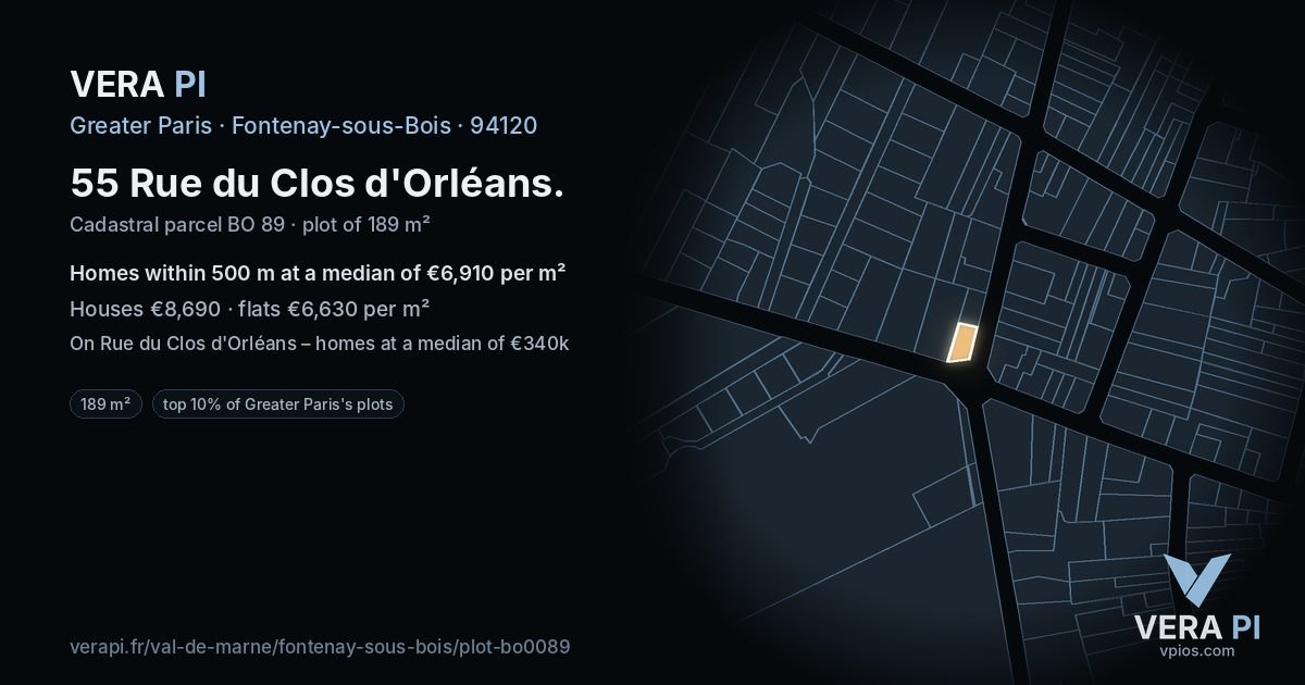 55 Rue du Clos d'Orléans, Fontenay-sous-Bois at night – the plot lit, the parcels around coloured by the prices near them
