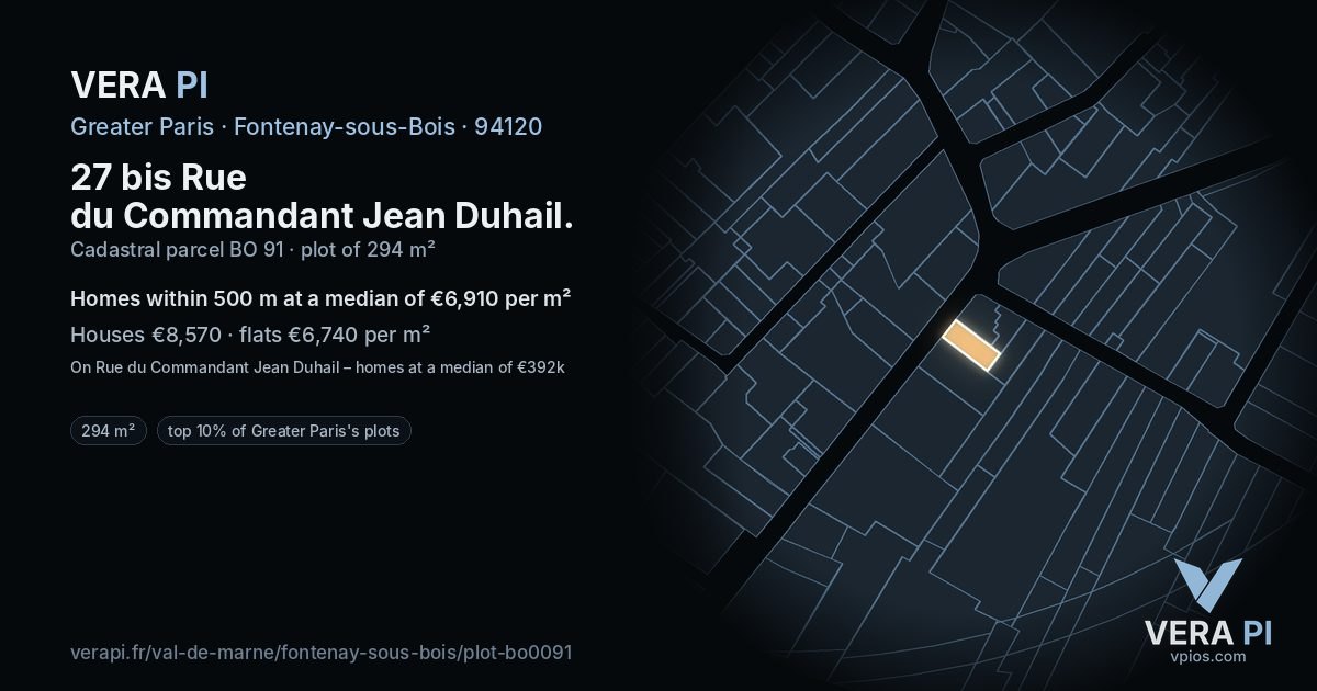 27 bis Rue du Commandant Jean Duhail, Fontenay-sous-Bois at night – the plot lit, the parcels around coloured by the prices near them