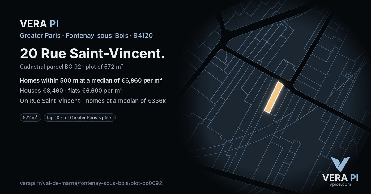 20 Rue Saint-Vincent, Fontenay-sous-Bois at night – the plot lit, the parcels around coloured by the prices near them
