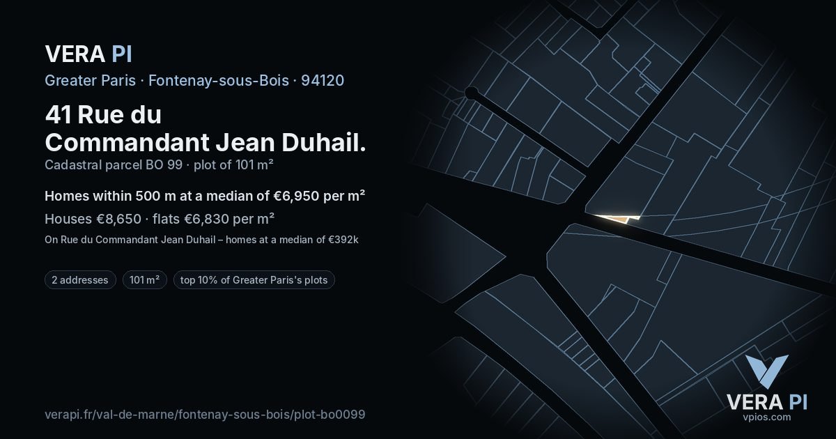 41 Rue du Commandant Jean Duhail, Fontenay-sous-Bois at night – the plot lit, the parcels around coloured by the prices near them