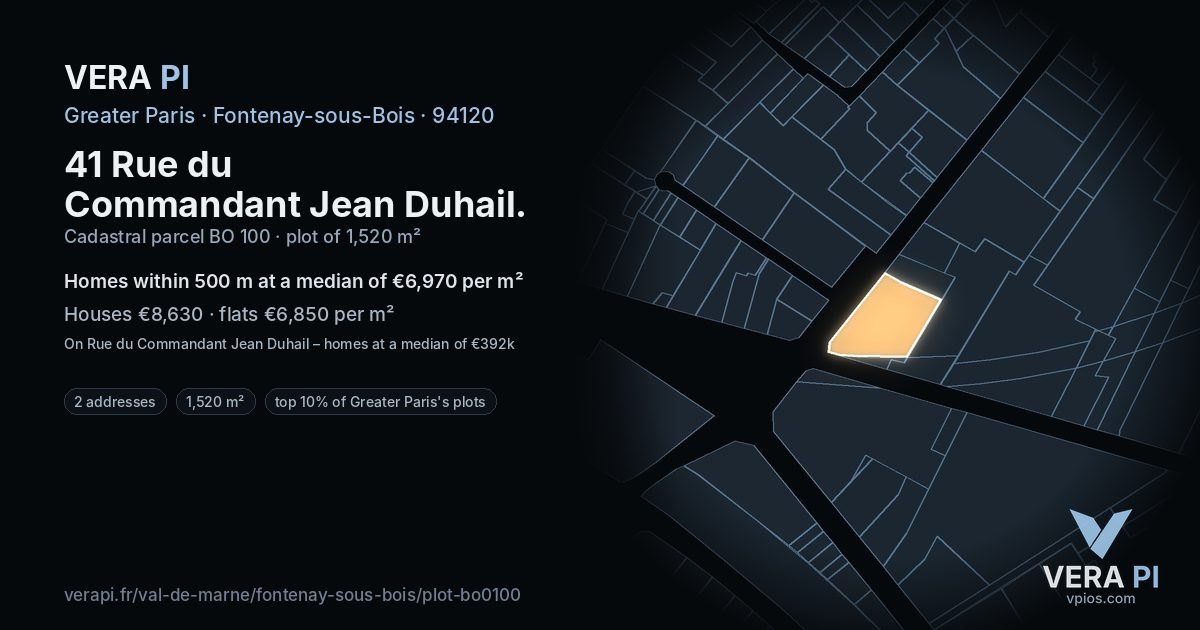 41 Rue du Commandant Jean Duhail, Fontenay-sous-Bois at night – the plot lit, the parcels around coloured by the prices near them