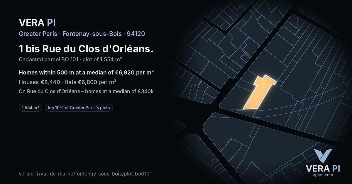 1 bis Rue du Clos d'Orléans, Fontenay-sous-Bois at night – the plot lit, the parcels around coloured by the prices near them