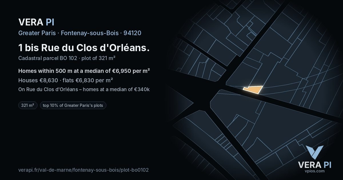 1 bis Rue du Clos d'Orléans, Fontenay-sous-Bois at night – the plot lit, the parcels around coloured by the prices near them