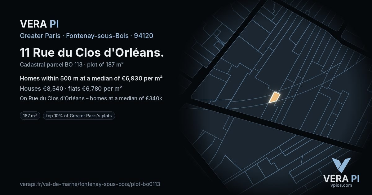 11 Rue du Clos d'Orléans, Fontenay-sous-Bois at night – the plot lit, the parcels around coloured by the prices near them