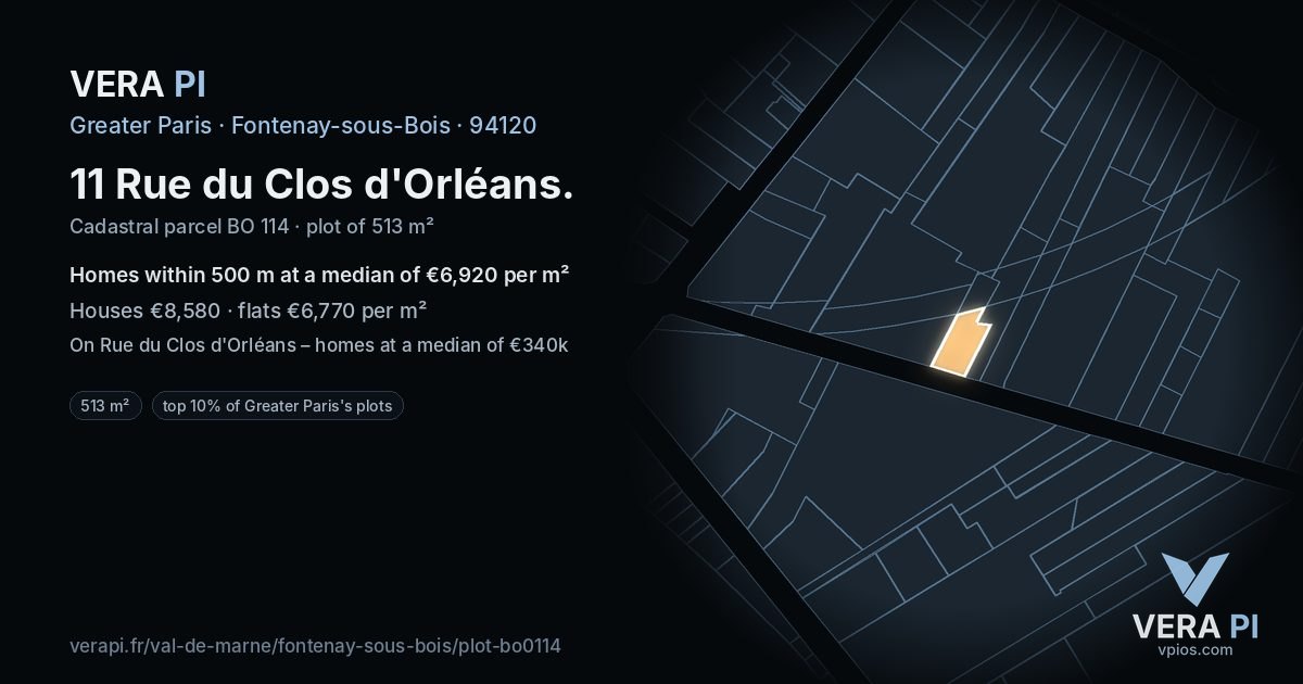 11 Rue du Clos d'Orléans, Fontenay-sous-Bois at night – the plot lit, the parcels around coloured by the prices near them