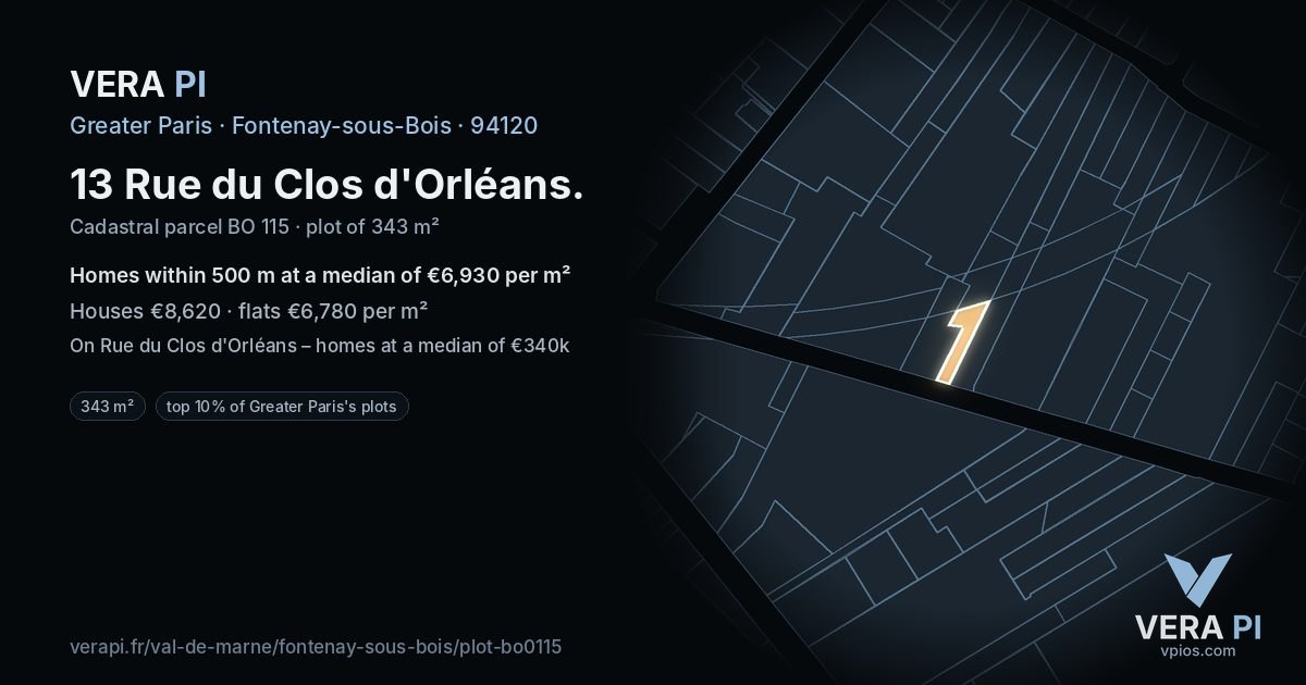 13 Rue du Clos d'Orléans, Fontenay-sous-Bois at night – the plot lit, the parcels around coloured by the prices near them