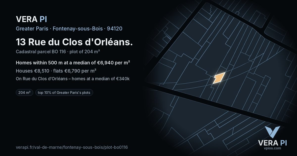 13 Rue du Clos d'Orléans, Fontenay-sous-Bois at night – the plot lit, the parcels around coloured by the prices near them
