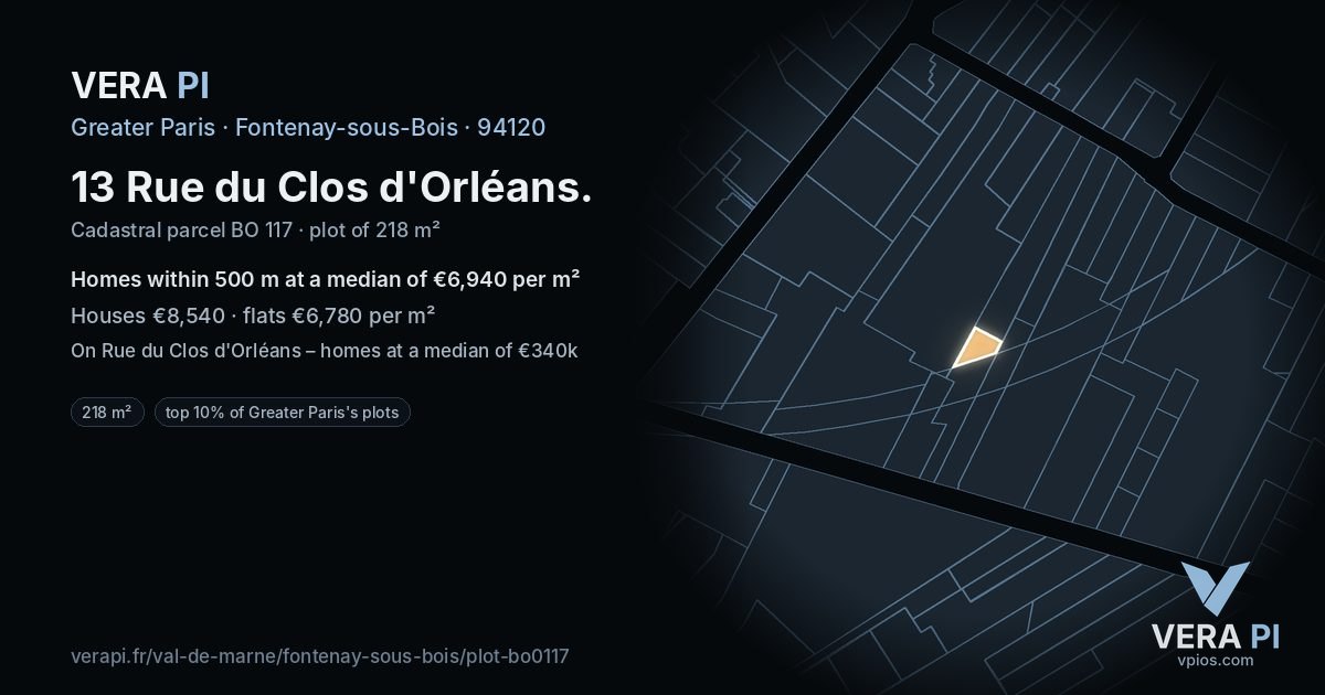 13 Rue du Clos d'Orléans, Fontenay-sous-Bois at night – the plot lit, the parcels around coloured by the prices near them