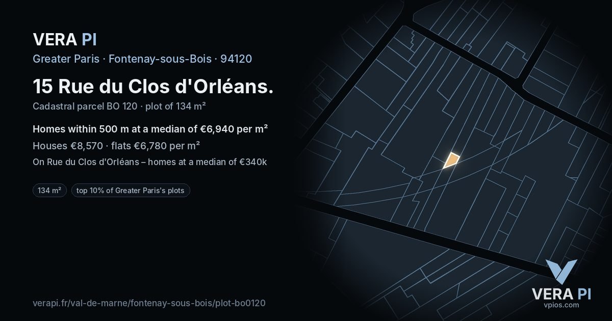15 Rue du Clos d'Orléans, Fontenay-sous-Bois at night – the plot lit, the parcels around coloured by the prices near them