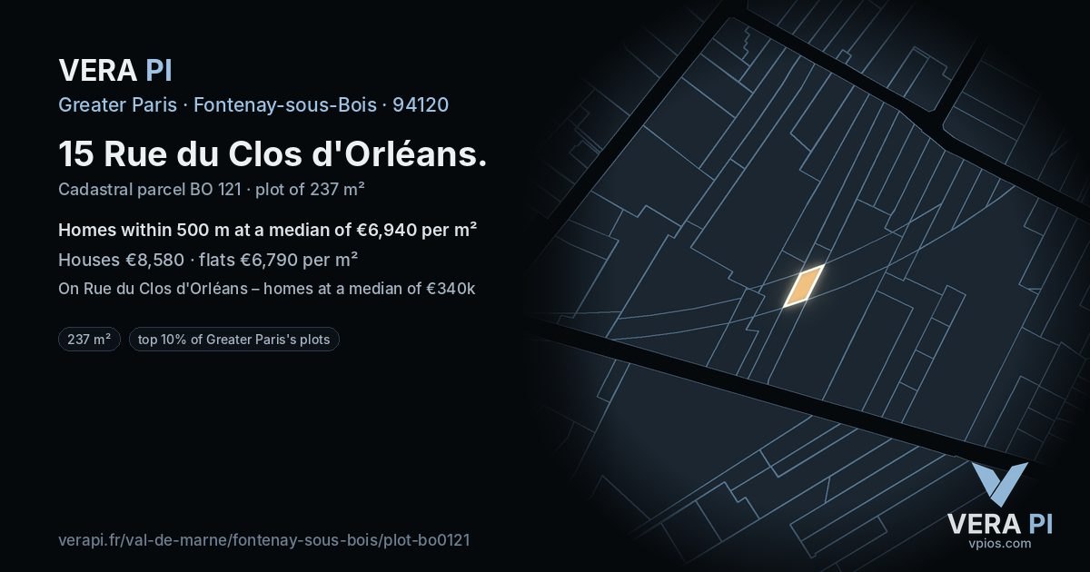 15 Rue du Clos d'Orléans, Fontenay-sous-Bois at night – the plot lit, the parcels around coloured by the prices near them