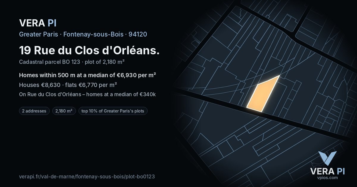 19 Rue du Clos d'Orléans, Fontenay-sous-Bois at night – the plot lit, the parcels around coloured by the prices near them