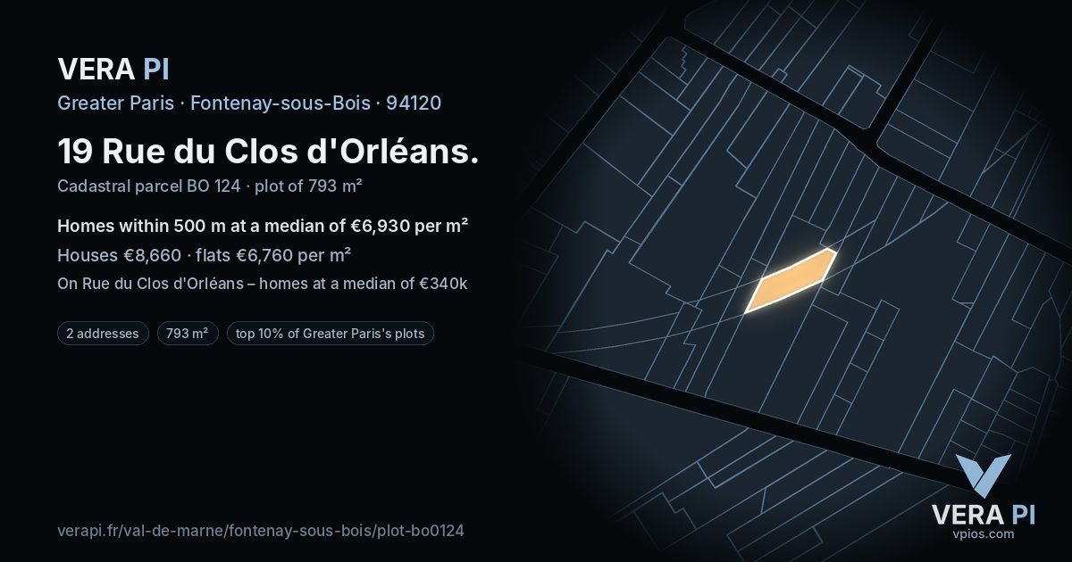 19 Rue du Clos d'Orléans, Fontenay-sous-Bois at night – the plot lit, the parcels around coloured by the prices near them
