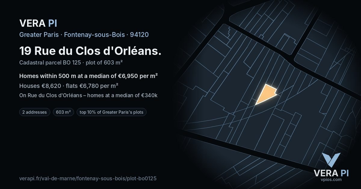 19 Rue du Clos d'Orléans, Fontenay-sous-Bois at night – the plot lit, the parcels around coloured by the prices near them