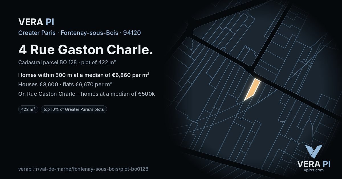 4 Rue Gaston Charle, Fontenay-sous-Bois at night – the plot lit, the parcels around coloured by the prices near them