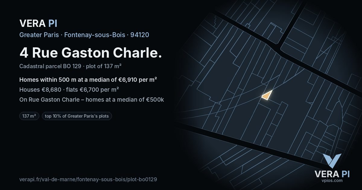 4 Rue Gaston Charle, Fontenay-sous-Bois at night – the plot lit, the parcels around coloured by the prices near them