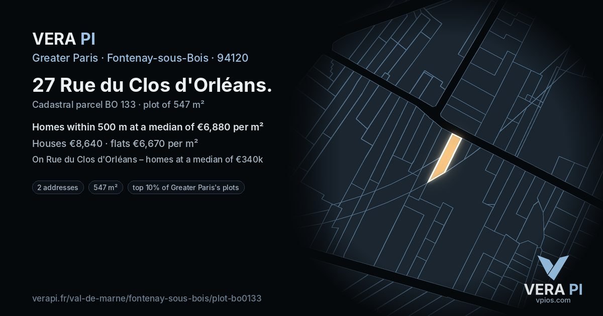 27 Rue du Clos d'Orléans, Fontenay-sous-Bois at night – the plot lit, the parcels around coloured by the prices near them