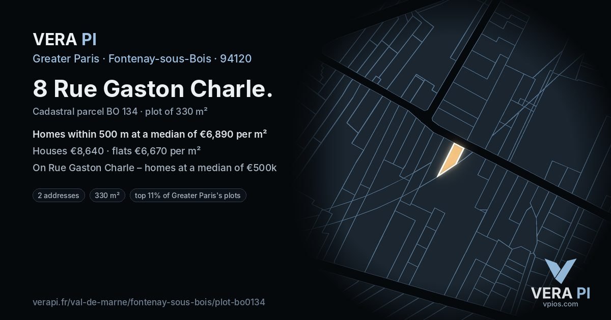 8 Rue Gaston Charle, Fontenay-sous-Bois at night – the plot lit, the parcels around coloured by the prices near them