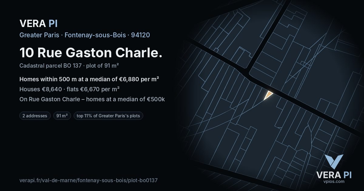 10 Rue Gaston Charle, Fontenay-sous-Bois at night – the plot lit, the parcels around coloured by the prices near them