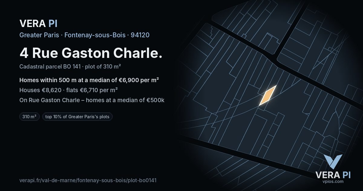 4 Rue Gaston Charle, Fontenay-sous-Bois at night – the plot lit, the parcels around coloured by the prices near them