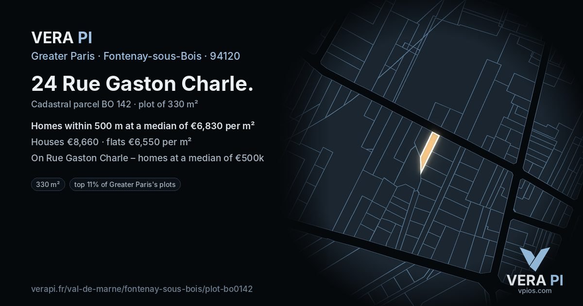 24 Rue Gaston Charle, Fontenay-sous-Bois at night – the plot lit, the parcels around coloured by the prices near them