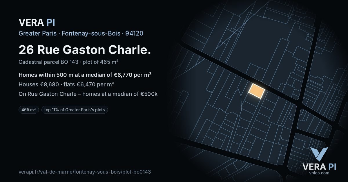 26 Rue Gaston Charle, Fontenay-sous-Bois at night – the plot lit, the parcels around coloured by the prices near them