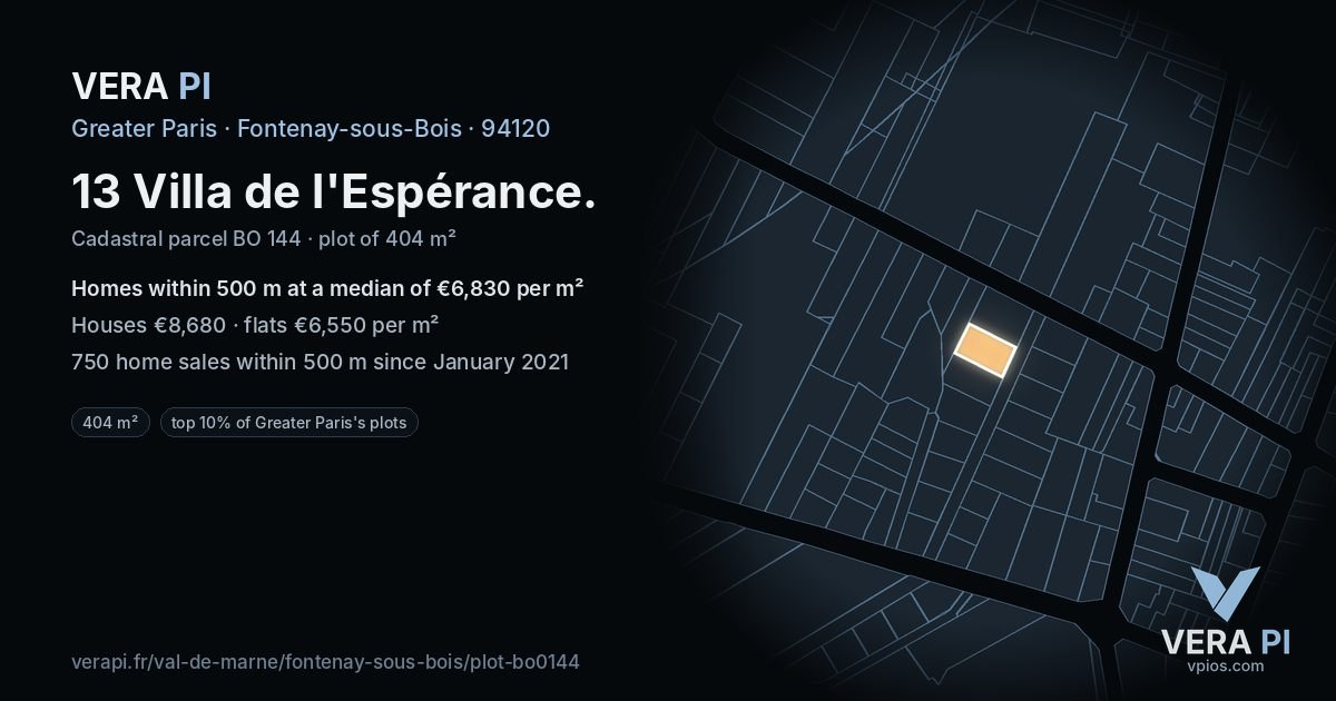 13 Villa de l'Espérance, Fontenay-sous-Bois at night – the plot lit, the parcels around coloured by the prices near them