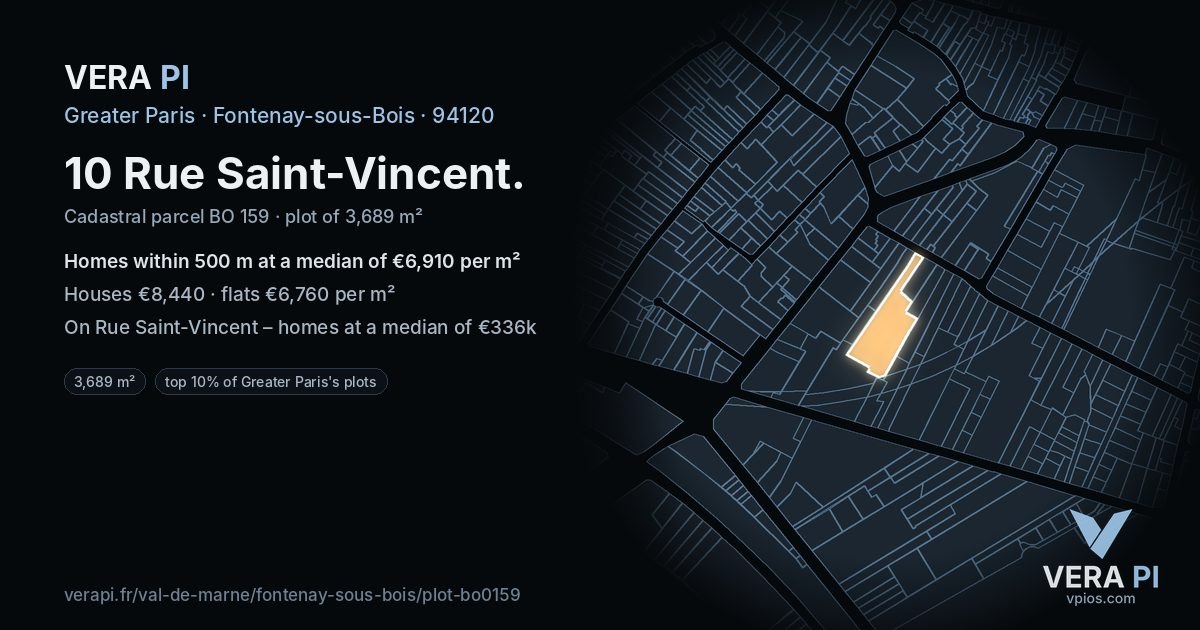 10 Rue Saint-Vincent, Fontenay-sous-Bois at night – the plot lit, the parcels around coloured by the prices near them