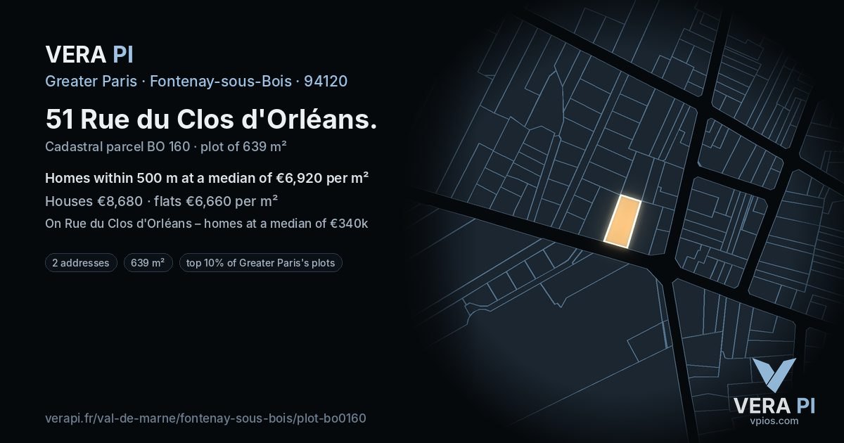 51 Rue du Clos d'Orléans, Fontenay-sous-Bois at night – the plot lit, the parcels around coloured by the prices near them