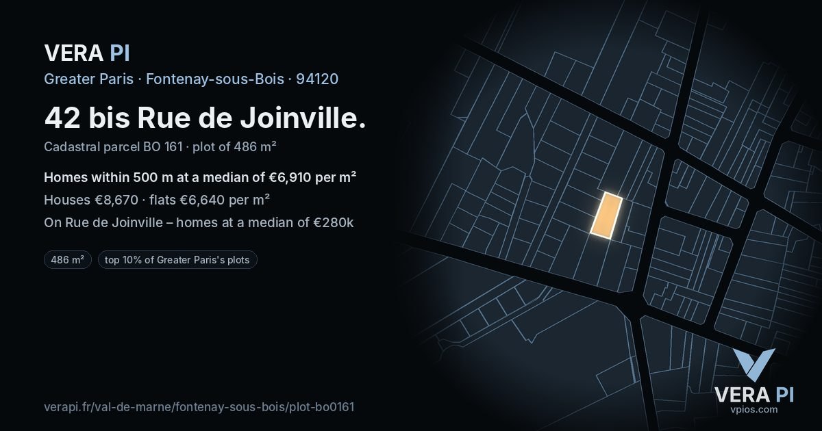 42 bis Rue de Joinville, Fontenay-sous-Bois at night – the plot lit, the parcels around coloured by the prices near them